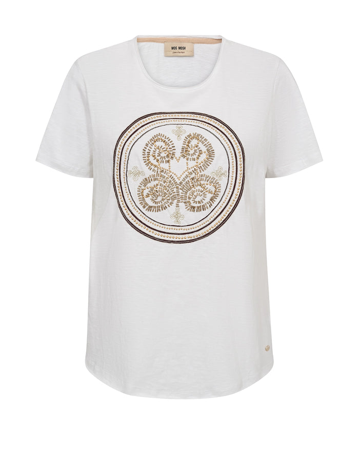 MOS MOSH Zano O-SS Embroidery Tee in White with refined front embroidery, short sleeve soft jersey women’s T-shirt at Hollie Rose.
