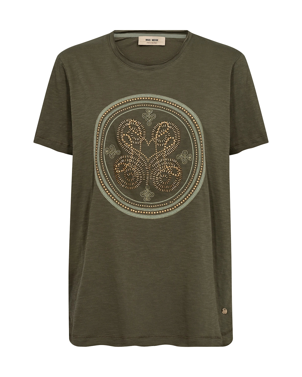 MOS MOSH Zano O-SS Embroidery Tee in Sea Turtle with refined front embroidery, soft jersey short sleeve women’s T-shirt at Hollie Rose.
