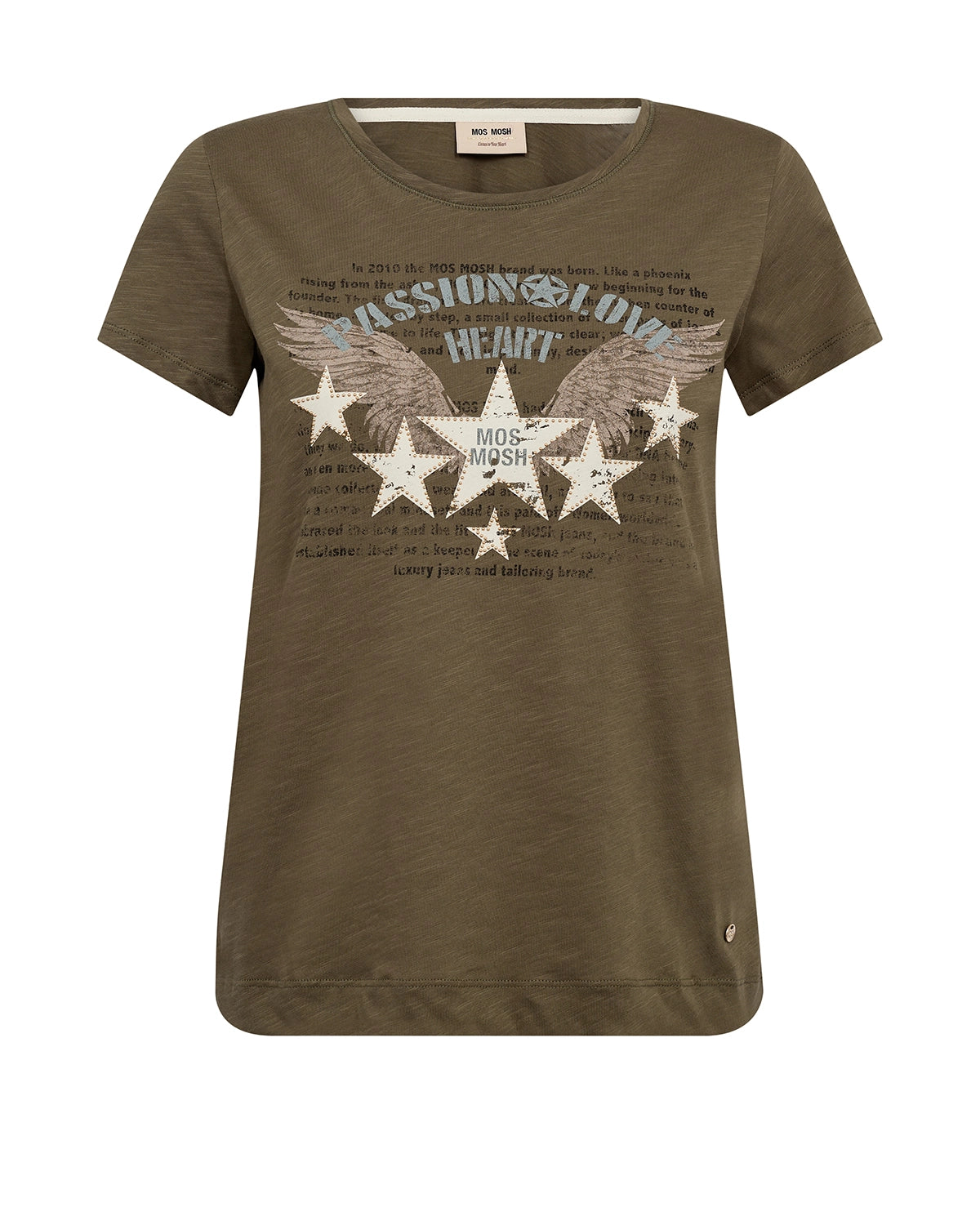 MOS MOSH Zibby O-SS Tee in Sea Turtle organic cotton with star and wing logo artwork, vintage-inspired women’s T-shirt at Hollie Rose.
