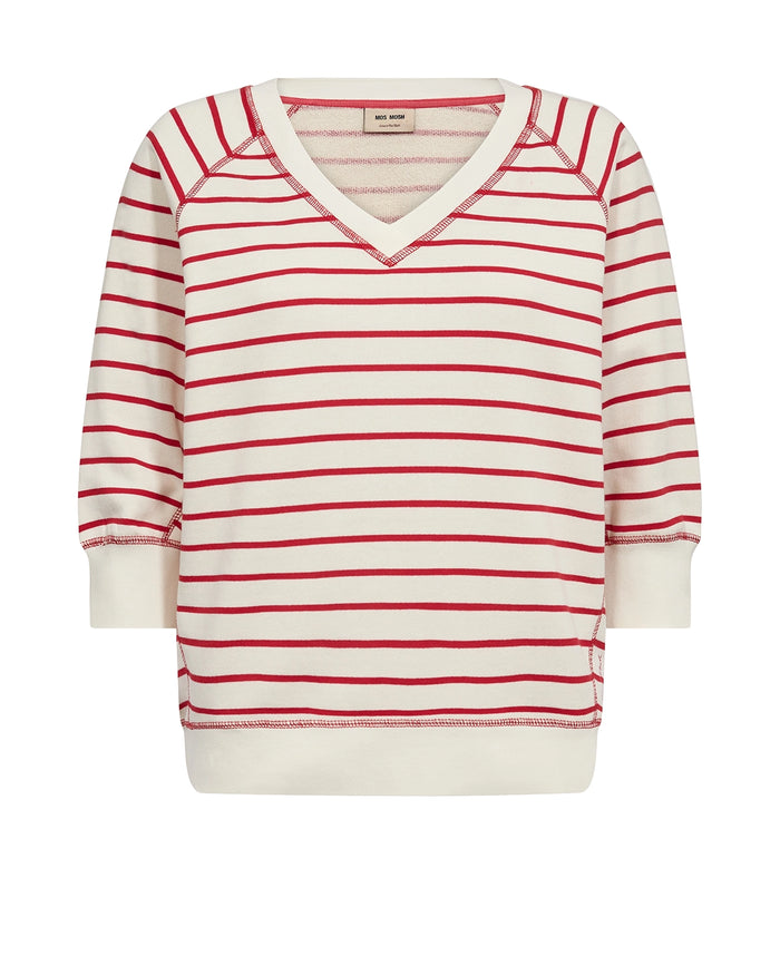 MOS MOSH Maggie Stripe Sweatshirt in Chinese Red with bold stripes and rib trims, relaxed women’s casual knit at Hollie Rose.
