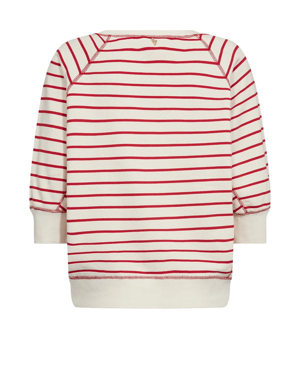 MOS MOSH Maggie Stripe Sweatshirt in Chinese Red with bold stripes and rib trims, relaxed women’s casual knit at Hollie Rose.
