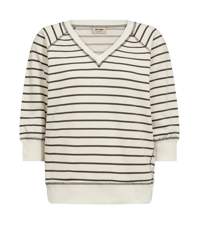 MOS MOSH Maggie Stripe Sweatshirt in Sea Turtle with bold stripes and rib trims, relaxed women’s casual knit at Hollie Rose.
