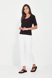 VERGE Scout Pant in White with slimmer straight-leg silhouette, Basque waist styling and stretch comfort, women’s pant at Hollie Rose.
