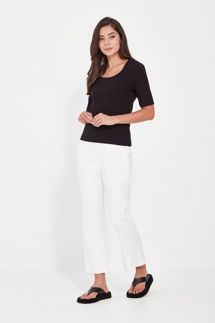 VERGE Scout Pant in White with slimmer straight-leg silhouette, Basque waist styling and stretch comfort, women’s pant at Hollie Rose.

