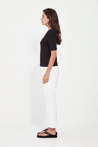VERGE Scout Pant in White with slimmer straight-leg silhouette, Basque waist styling and stretch comfort, women’s pant at Hollie Rose.
