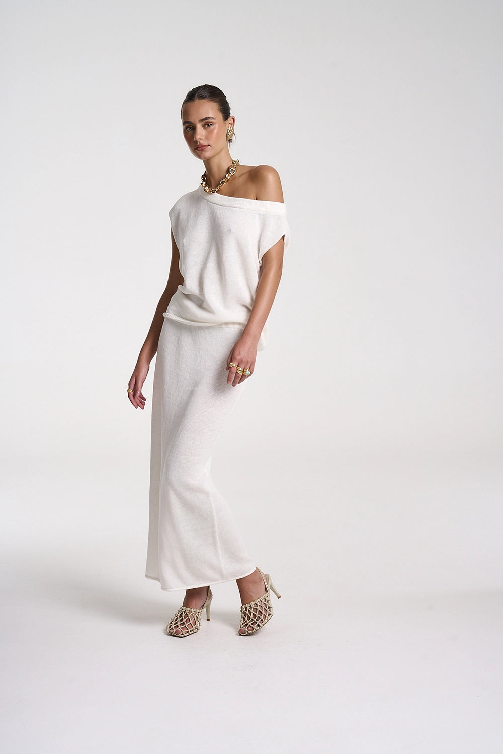 SUMMI SUMMI | KNIT OFF SHOULDER TOP - WHITE